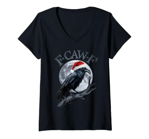 Damen Lustige Krähe F-CAW-F Black Bird Gothic Christmas Santa Hut T-Shirt mit V-Ausschnitt von F Caw F Funny Crow Meme Black Bird Humor Sarcasm