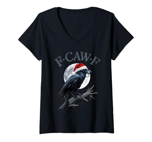 Damen Lustige Krähe F-CAW-F Black Bird Gothic Christmas Santa Hut T-Shirt mit V-Ausschnitt von F Caw F Funny Crow Meme Black Bird Humor Sarcasm