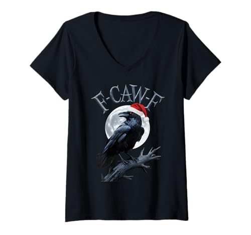 Damen Lustige Krähe F-CAW-F Black Bird Gothic Christmas Santa Hut T-Shirt mit V-Ausschnitt von F Caw F Funny Crow Meme Black Bird Humor Sarcasm