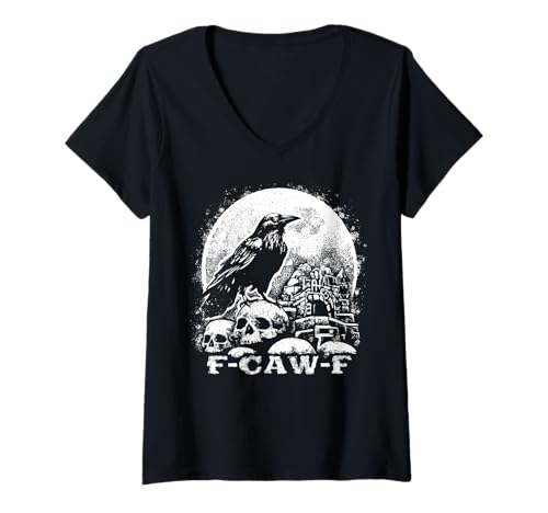 Damen F Caw F Lustiges gruseliges Halloween-Meme T-Shirt mit V-Ausschnitt von F-Caw-F Funny Crow Spooky Halloween Party Outfit