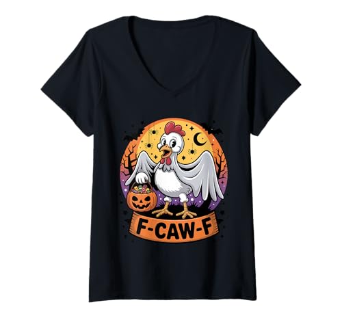 Damen F-Caw-F Lustiges Huhn-Geist Halloween-Kostüm Geflügelspukt T-Shirt mit V-Ausschnitt von F-Caw-F Ghost Chicken Halloween For Women Men Kids