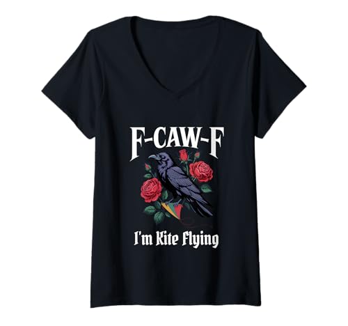 Damen Lustiger F-Caw-F Drachen fliegend Gothic T-Shirt mit V-Ausschnitt Damen Lustiger F-Caw-F Drachen fliegend Gothic T-Shirt mit V-Ausschnitt von F Caw F Meme Goth Flying a Kite Emo Tshirt