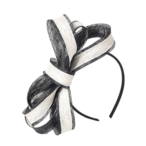 F FADVES Sinamay Fascinator für Damen, gestreift, Cocktailkleid, Stirnband und Haarspange, Teeparty-Kopfbedeckung, schwarz und beige, 1 Count (Pack of 1) von F FADVES