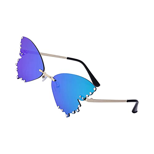 F Fityle Einzigartige Schmetterlingsform Sonnenbrille Frauen Randlos Strass Brillen Brillen Sonnenbrillen für Frauen Outdoor Party Strand, Blau von F Fityle