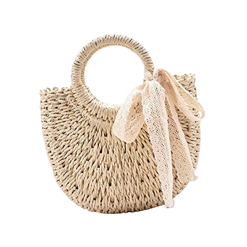 F Fityle Boho Strohtasche Große Kapazität mit Spitze Gewebte Handtasche mit Griff Geschenk Damen Geldbörse Große Tragetasche für Urlaub Strand Einkaufen Alltag, Beige von F Fityle