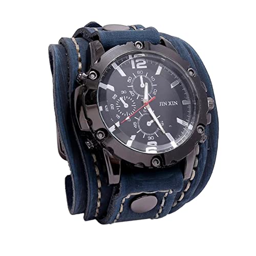 F Fityle Männer Leder Uhren, Retro Punk Armbanduhr breites PU-Lederband, Classic Herrenuhr, Armbanduhr Herren, Herren Analog Quarzuhr Sport Casual Business Armbanduhr für Geburtstagsgeschenk - Blau von F Fityle