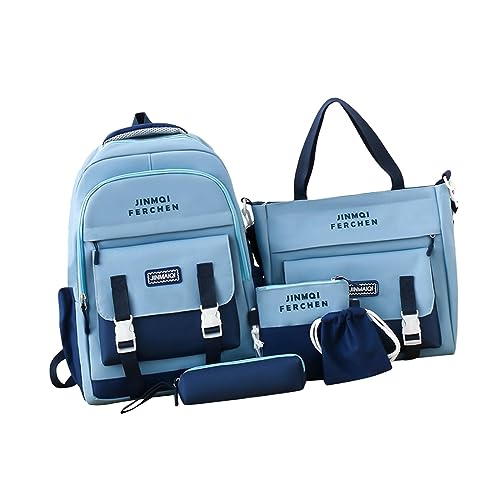 F Fityle Münztaschen Set, ästhetische Schultaschen, Süßes Rucksack Set mit Umhängetasche, Federmäppchen, Geldbörse, Rucksack, Blau von F Fityle