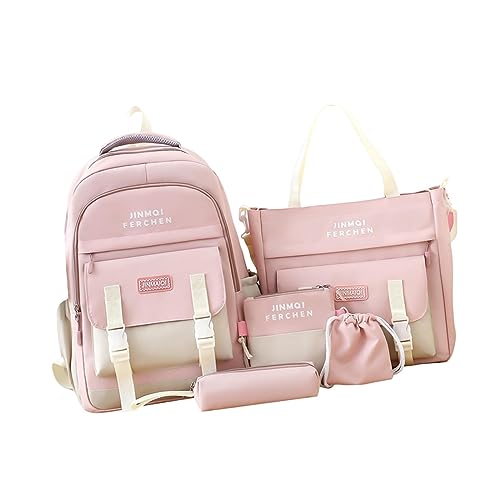 F Fityle Münztaschen Set, ästhetische Schultaschen, Süßes Rucksack Set mit Umhängetasche, Federmäppchen, Geldbörse, Rucksack, Rosa von F Fityle