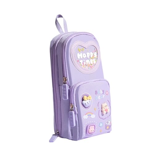F Fityle Pencil Case Beutel Großkapazität 3 Fach Tragbarer Stiftkoffer Schreibwarener für Bürokünstler Geburtstag Reisen, Lila Und Bär von F Fityle