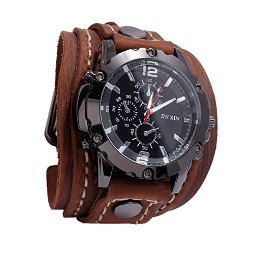 F Fityle Männer Leder Uhren, Retro Punk Armbanduhr breites PU-Lederband, Classic Herrenuhr, Armbanduhr Herren, Herren Analog Quarzuhr Sport Casual Business Armbanduhr für Geburtstagsgeschenk - Brown von F Fityle