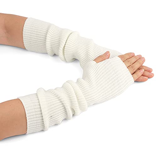 F Flammi Armwärmer aus Kaschmir-Mischgewebe für den Winter, fingerlose Handschuhe, Strickhandschuhe, Handgelenkwärmer mit Daumenloch für Damen, Weiß (42 cm), Medium von F Flammi