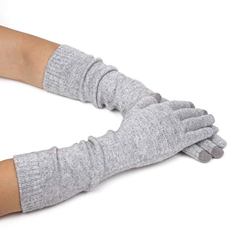 F Flammi Damen Strick-Handschuhe, lang, mit Touchscreen, Kaschmir-Mischung, Armstulpen mit Fingern, Winter warme Handschuhe, hellgrau, Medium von F Flammi