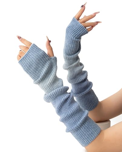 F Flammi Flammi Kaschmir-Mischung Armwärmer Winter Fingerlose Handschuhe Strick Fäustlinge Handschuhe Handgelenkwärmer mit Daumenloch für Frauen, Batikfärbung-Hellblau (42cm), Medium von F Flammi