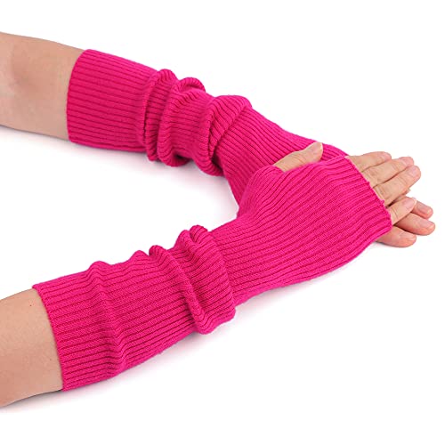 F Flammi Kaschmir-Mischung Armwärmer Winter Fingerlose Handschuhe Strick Fäustlinge Handschuhe Handgelenkwärmer mit Daumenloch für Frauen, Hot Pink (42 cm), 38 von F Flammi