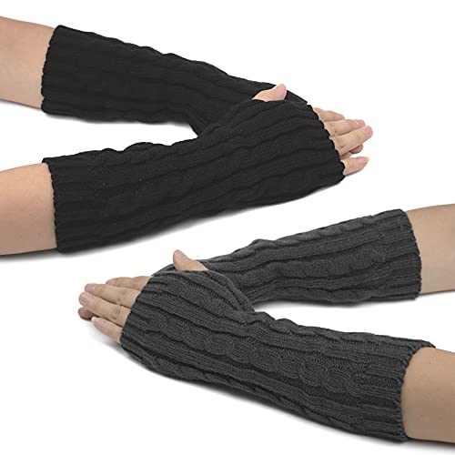 Flammi Damen Knit Armstulpen Fingerlose Handschuhe Daumenloch Handschuhe Fäustlinge für Tippen Fahren Cosplay, Black+dark Grey, Medium von F Flammi