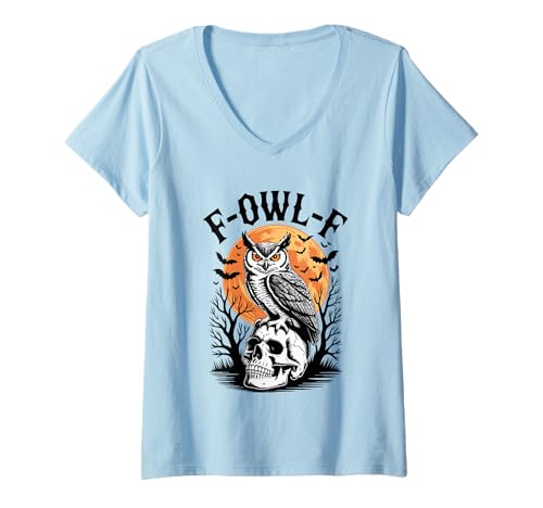 Damen F-OWL-F Eule Halloween Wortspiel Gruseliger Mond Gothic Eule F-CAW-F T-Shirt mit V-Ausschnitt von F-OWL-F Owl Halloween Spooky Funny OWL Lovers tees