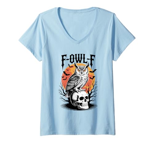 Damen F-OWL-F Lustige Eule Halloween Schädel Fledermaus Mond Gruselig Gothic T-Shirt mit V-Ausschnitt von F-OWL-F Owl Halloween Spooky Funny OWL Lovers tees