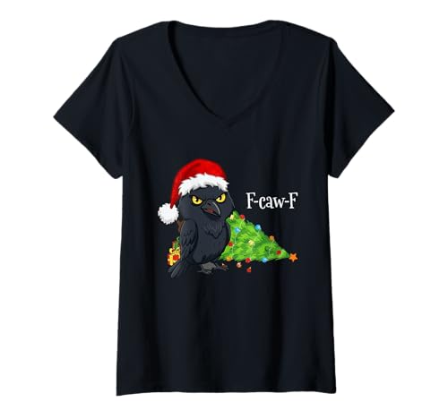 Damen F-caw-F Krähe Weihnachten Rabe Santa Hut Erwachsener Spaß T-Shirt mit V-Ausschnitt von F-caw-F Grumpy Bird Seasonal Humor