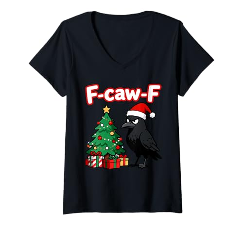 Damen F-caw-F Krähe Weihnachten Rabe Santa Hut Erwachsener Spaß T-Shirt mit V-Ausschnitt von F-caw-F Grumpy Bird Seasonal Humor