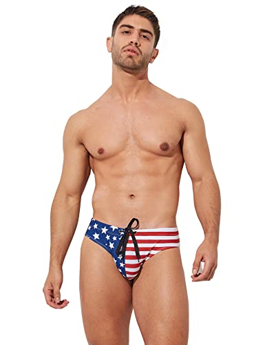 F plus R Herren-Badeanzug, Motiv: USA-Flagge, Sterne, niedrige Taille, Bikini-Slip, Strand-Badeanzug, Blau/Rot/Weiß, XL von F plus R