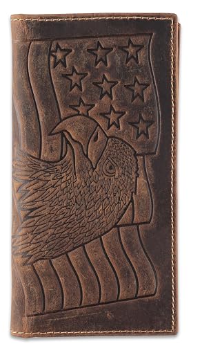 F&L CLASSIC Herren RFID Vintage Look Echtes Leder Lange Bifold Wallet Scheckbuch Geldbörsen, Braun mit Adlerflagge von F&L CLASSIC