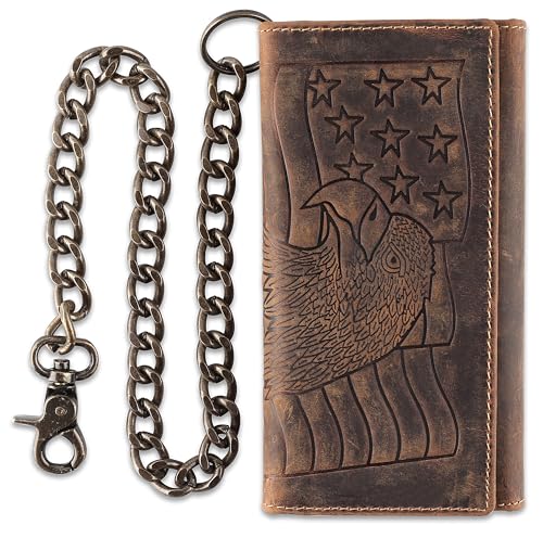 F&L CLASSIC RFID-blockierende Herren-Geldbörse, dreifach gefaltet, lang, Rindsleder, Stahlkette, Braun mit Adler/Flagge von F&L CLASSIC