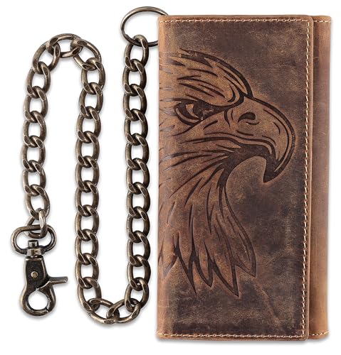 F&L CLASSIC RFID-blockierende Herren-Geldbörse, dreifach gefaltet, lang, Rindsleder, Stahlkette, Braun mit Adlerkopf von F&L CLASSIC