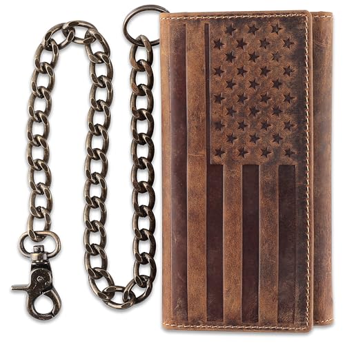 F&L CLASSIC RFID-blockierende Herren-Geldbörse, dreifach gefaltet, lang, Rindsleder, Stahlkette, Braun mit Flagge von F&L CLASSIC