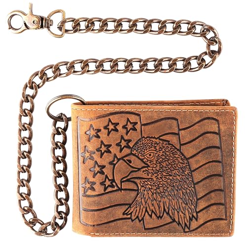 F&L CLASSIC RFID-blockierende Herren-Geldbörse, zweifach gefaltet, Rindsleder, Stahlkette, USA, Braune Adlerflagge, Geprägte Geldbörse von F&L CLASSIC