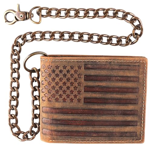 F&L CLASSIC RFID-blockierende Herren-Geldbörse, zweifach gefaltet, Rindsleder, Stahlkette, USA, Braune Flagge, Geprägte Geldbörse von F&L CLASSIC