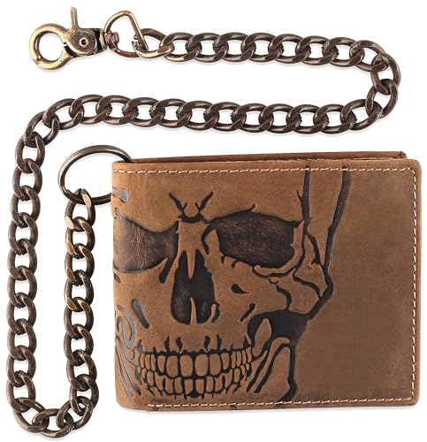 F&L CLASSIC RFID-blockierende Herren-Geldbörse, zweifach gefaltet, Rindsleder, Stahlkette, USA, Brauner Totenkopf, Geprägte Geldbörse von F&L CLASSIC