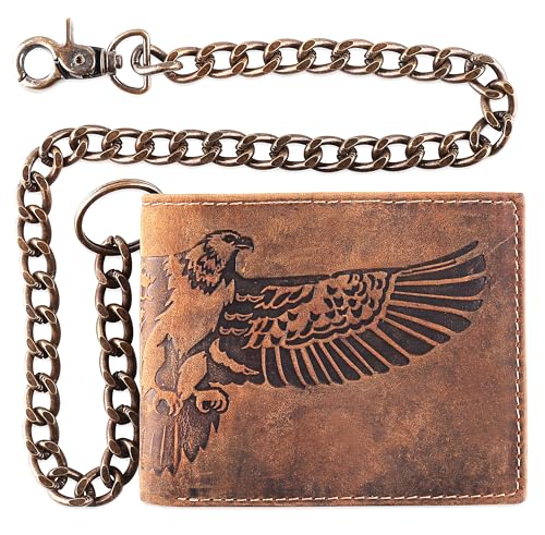F&L CLASSIC RFID-blockierende Herren-Geldbörse, zweifach gefaltet, Rindsleder, Stahlkette, USA, Brauner fliegender Adler, Geprägte Geldbörse von F&L CLASSIC
