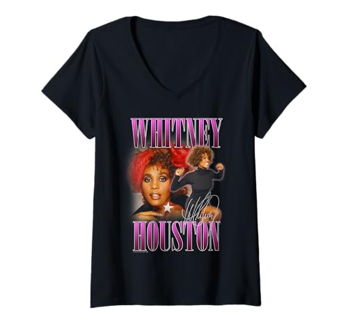 Damen Whitney Houston Signature Homage PINK TEXT T-Shirt mit V-Ausschnitt von F4nt4stic