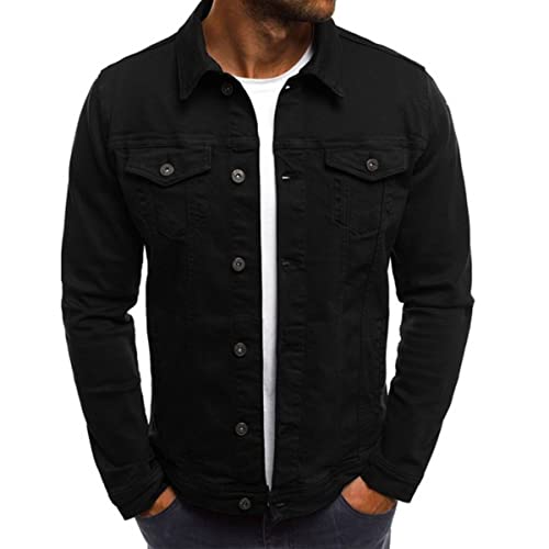 F6QUM Herren Jeansjacke Knopfleiste Slim Fit Solide Langarm Casual Shacket Jean Mantel mit Pattentasche, Schwarz , L von F6QUM