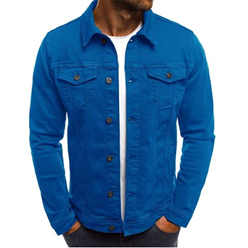 F6QUM Herren Denim Jacke Button Down Slim Fit Solid Langarm Freizeitjacke Jeansmantel mit Pattentasche, blau, L von F6QUM