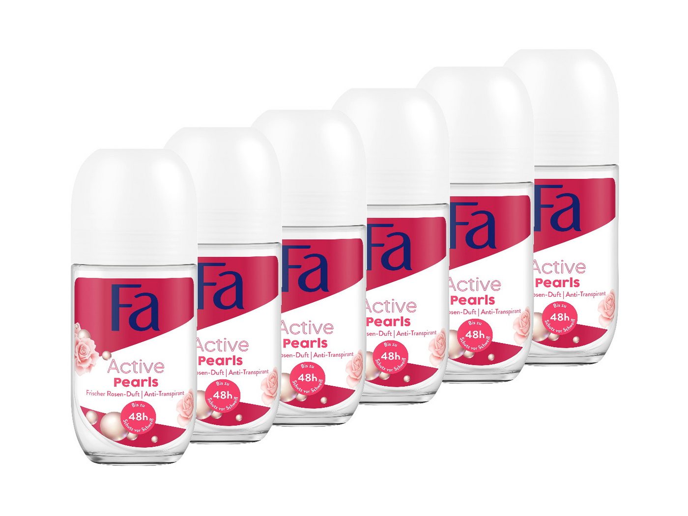FA Deo-Roller Deo Roll-on Active Pearls, 6x 50 ml, Vorratspack, 6-tlg., bis zu 48h Schutz vor Schweiß und Körpergeruch von FA