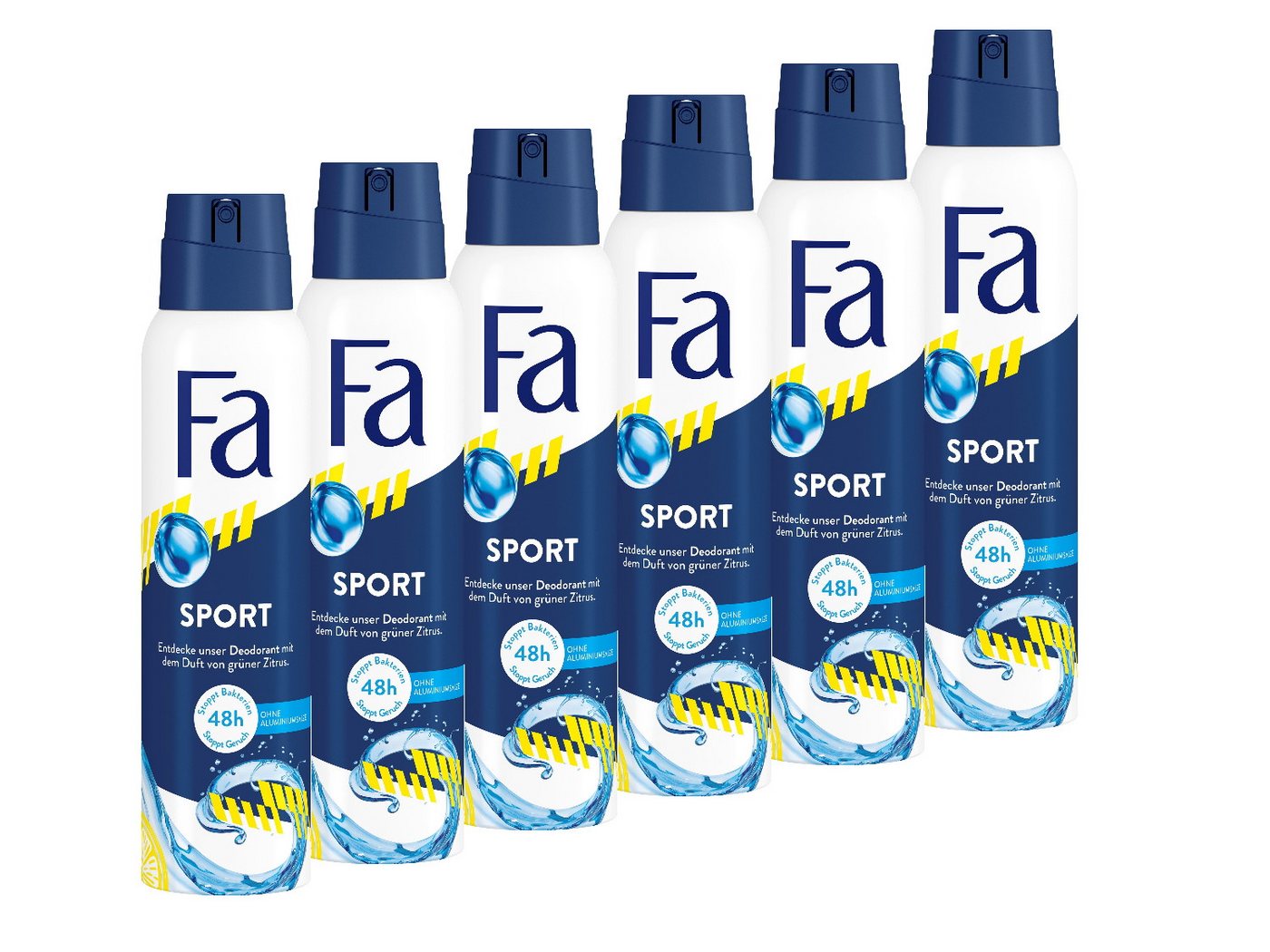 FA Deo-Spray Sport ohne Aluminiumsalze, bis zu 48h Deo-Schutz, 6x 150 ml, Vorratspack, 6-tlg., Dermatologisch getestete, hautfreundliche Formel, ohne Deo-Rückstände von FA