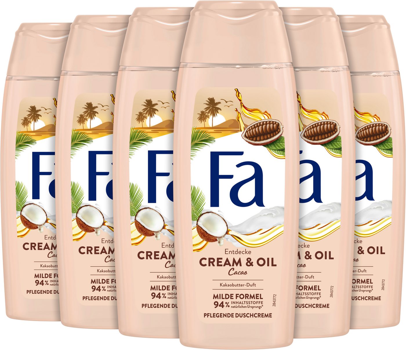 FA Duschgel Duschcreme Cream & Oil Cacao, 6x 250 ml, 6-tlg., milde & vegane Formel, verwöhnender Duft von FA