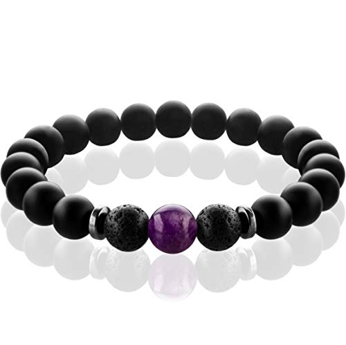 FABACH™ Chakra Perlenarmband mit 8mm Amethyst-Perle, Lavastein und Onyx-Naturstein (schwarz) - Yoga Armband aus 21 Heilsteinen - Energiearmband für Damen und Herren von FABACH