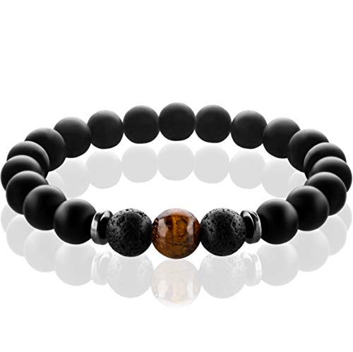 FABACH™ Chakra Perlenarmband mit 8mm Tigerauge-Perle, Lavastein und Onyx-Naturstein (schwarz) - Yoga Armband aus Heilsteinen - Energiearmband für Damen und Herren von FABACH