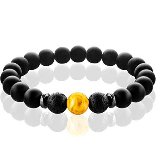 FABACH Chakra Perlenarmband mit 8mm Amber-Perle, Lavastein und Onyx-Naturstein (schwarz) - Yoga Armband aus Heilsteinen - Energiearmband für Damen und Herren von FABACH