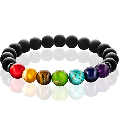 FABACH Chakra Perlenarmband mit den Perlen aller sieben Chakren und Onyx-Naturstein (schwarz) - Yoga Armband aus Heilsteinen - Energiearmband für Damen und Herren von FABACH