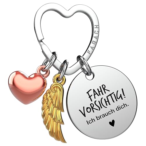 FABACH Fahr vorsichtig Schlüsselanhänger Auto Schutzengel Glücksbringer mit Herz und Gravur - Autofahrer Geschenke Schlüsselanhänger - Führerschein Geschenk Engel Auto Glücksbringer von FABACH