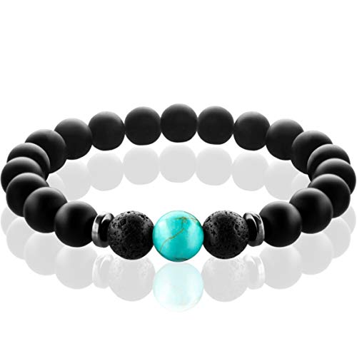 FABACH Spirituals™ Chakra Perlenarmband mit 8mm Turquoise-Perle, Lavastein und Onyx-Naturstein (schwarz) - Yoga Armband aus 21 Heilsteinen - Energiearmband für Damen und Herren von FABACH