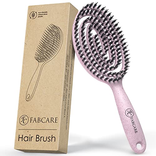 FABCARE Bio Haarbürste Wildschweinborsten Rund inkl. Ebook - Detangler-Bürste mit Doppelspiralfeder - Profi Entwirrbürste ohne Ziepen für jeden Haartyp - Damen Haarpflegebürste (Rosa) von FABCARE