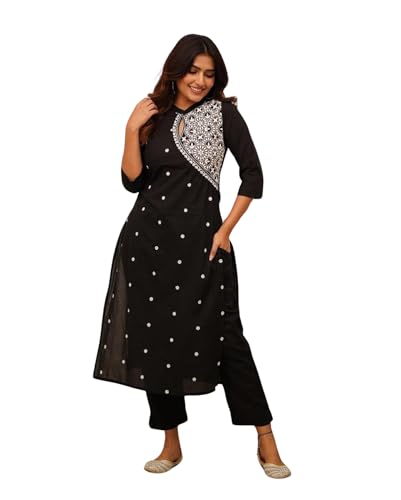 FABNEX Kurta-Set aus Baumwollmischung für Damen | besticktes Kurta-Set für Frauen | Kurta-Hosen-Set für Frauen (K-34-38), Schwarz, XXL von FABNEX