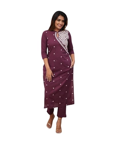 FABNEX Kurta-Set aus Baumwollmischung für Damen | besticktes Kurta-Set für Frauen | Kurta-Hosen-Set für Frauen (K-34-38), Violett, XXL von FABNEX