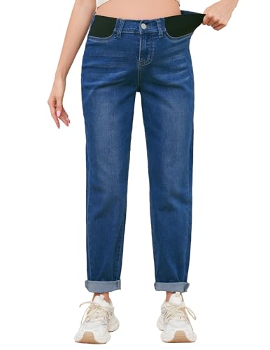 FABRACK Damen Umstandsjeans Mid-Rise Stretchy Boyfriend Jeans Unterbauch Schwangerschaft Denim Hose mit elastischem Einsatz, Dunkelblau, X-Groß von FABRACK