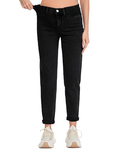 FABRACK Damen Umstandsjeans Mid-Rise Stretchy Boyfriend Jeans Unterbauch Schwangerschaft Denim Hose mit elastischem Einsatz, Schwarz, M von FABRACK