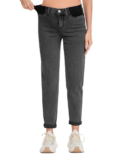 FABRACK Damen Umstandsjeans Mid-Rise Stretchy Boyfriend Jeans Unterbauch Schwangerschaft Denim Hose mit elastischem Einsatz, Verwaschenes Schwarz, Groß von FABRACK